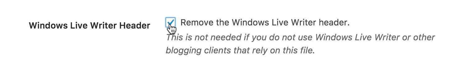 Nu krydser du af i feltet ved Windows Live Writer Header i iThemes Security.